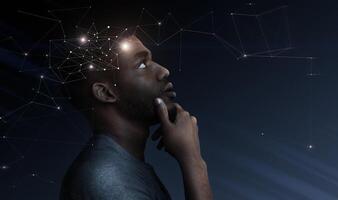 Concept of thinking. Thoughtful african man with illustration of brain activity process, free space photo