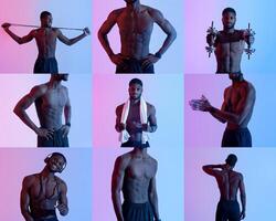 African American fit man engages in various exercises, demonstrating strength and flexibility. He uses dumbbells, resistance bands, and a towel while wearing headphones photo