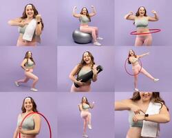 Overweight woman dressed in activewear performs various exercises, including lifting weights, hula hooping, and using a stability ball, all set against a colorful pastel background. photo