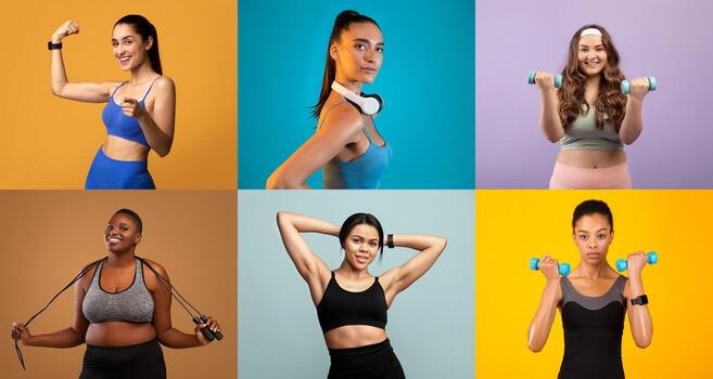 en un animado interior configuración, varios mujer son participativo en diferente rutina de ejercicio rutinas cada mujer vitrinas único ejercicios con vibrante antecedentes mejorando el energético atmósfera. foto