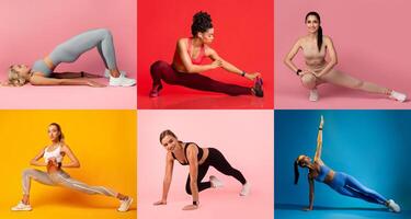 A vibrant collection of women engaged in different exercises, showcasing flexibility and strength against colorful backgrounds. Each poses in a unique athletic outfit. photo