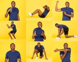 Black man performs a range of fitness exercises, showcasing activities like stretching, sit-ups, and playful gestures against a vibrant yellow backdrop, highlighting energy and enthusiasm. photo
