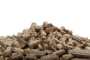 stack of wooden pellets for bio energy, white background, isolated photo