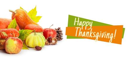 Happy Thanksgiving tag with autumn pumpkins photo