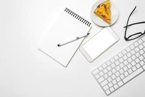 Office desk table with computer keyboard photo