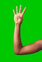 A hand making a gesture with a green background during daylight photo