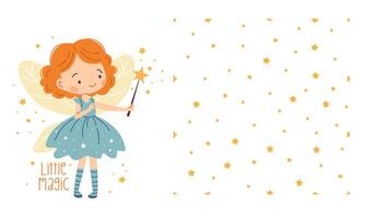 A cute fairy with a magic wand with writing on it. Print for printing. Seamless pattern with stars on white background vector