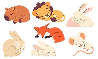 A set of flat illustrations in children's style. Cute sleeping bunnies lion cub fox mouse capybara on white background vector