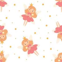 Seamless pattern in a simple childish style. Cute fairy with magic wand and wings, stars vector