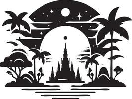 A black and white image of a temple and palm trees vector