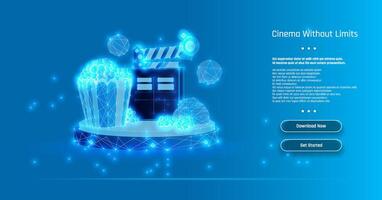 Digital representation of cinematic elements featuring popcorn and a clapperboard with a blue background promoting limitless cinema experiences. vector
