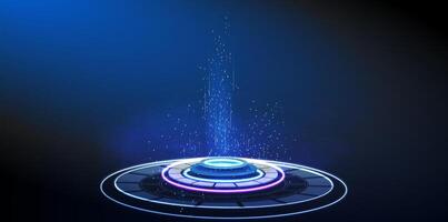 A vibrant, illuminated circular platform emits blue and purple particles in a dark background, creating a futuristic atmosphere. vector