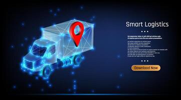 Conceptual illustration of smart logistics with a digital truck and location pin amidst glowing technology background. vector