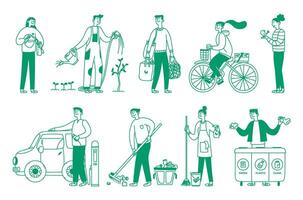 Hand drawn illustration set of people, caring about ecology, waste sorting, green energy, transport. Save the planet concept. Doodle style vector