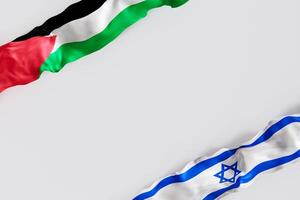 Israeli and Palestinian flags with copy space for text. Complex relationship, emphasizing themes of diplomacy unity and cultural identity. Situation between Israel and Palestine. 3D render. photo