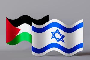 Israeli and Palestinian flags on gray background. Image represents complex relationship, emphasizing themes of diplomacy unity and cultural identity. Situation between Israel and Palestine. 3D render. photo