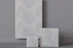 Minimalistic concrete podiums group on gray background. Mock up for product presentation. Pedestal or platform. Empty scene. Stage, display, showcase. Copy space. Advertising, merchandise. 3D render. photo