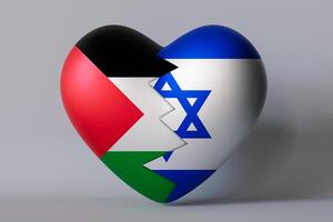 Heart divided into two parts, featuring the Palestinian and Israeli flags, representing emotional divide yet intertwined connection between two nations. Statement on peace, unity, conflict resolution. photo