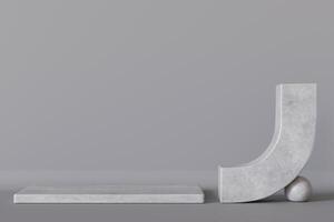 Minimalistic concrete podium on neutral gray background. Mock up for product presentation. Pedestal or platform. Empty scene. Stage, display, showcase. Copy space. Advertising, merchandise. 3D render. photo