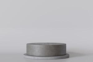 Minimalistic concrete podium on neutral gray background. Mock up for product presentation. Pedestal or platform. Empty scene. Stage, display, showcase. Copy space. Advertising, merchandise. 3D render. photo