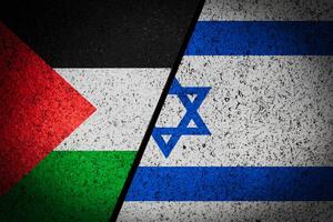 Flags of Israel and Palestine split by diagonal line, symbolizing division, complexity in relationship. Rough texture adds depth, representing challenges in pursuit of peace and understanding. 3D. photo