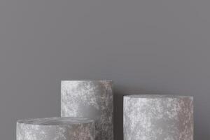 Minimalistic concrete podiums group on gray background. Mock up for product presentation. Pedestal or platform. Empty scene. Stage, display, showcase. Copy space. Advertising, merchandise. 3D render. photo