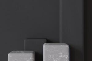 Minimalistic concrete podiums group on dark background. Mock up for product presentation. Pedestal or platform. Empty scene. Stage, display, showcase. Copy space. Advertising, merchandise. 3D render. photo