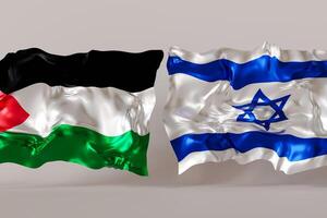 Israeli and Palestinian flags on gray background. Image represents complex relationship, emphasizing themes of diplomacy unity and cultural identity. Situation between Israel and Palestine. 3D render. photo