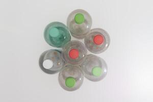 Set of water plastic bottle isolated on white background. Empty plastic bottles, top view. photo