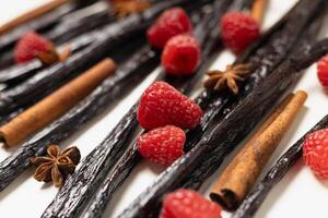 Vanilla beans with raspberries and star anise texture. photo
