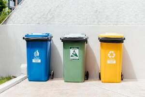 Close up of large blue, green and yellow garbage bins against white wall outdoor. Containers for waste sorting. Plastic pollution and environmental problem concept. Recycle reduce and reuse concept. photo