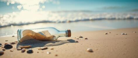 A corked bottle with a message on the sand photo