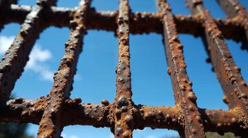 Close-up of Rusty Metal Grid Against Blue Sky photo