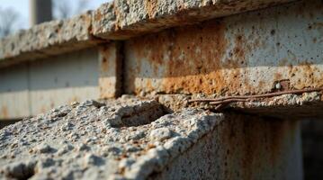 Exposed rusty rebars in old, eroded concrete, close-up photo