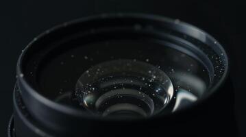 Camera lens with reflections and dust particles, close-up photo