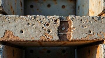Close-up of Aged Concrete with Exposed Rusty Rebars photo