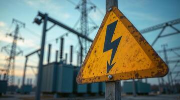 Lightning Warning Sign with Power Lines photo