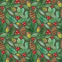 winter watercolor seamless pattern with pine branches, cones, acorns and red berries. hand drawn christmas wrapping paper. forest elements on white background vector