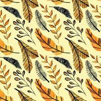 Watercolor seamless pattern with orange and black leaves on the white background. Christmas tree branch pattern. Perfect for greeting cards, invitation, wrapping paper, textile vector