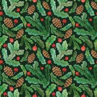 seamless pattern christmas new year fir branches red berries cones on a black background vector