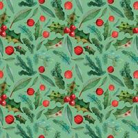 Seamless pattern CHRISTMAS NEW YEAR FIR holly red berries wrapping PACKAGING paper ON turquoise BACKGROUND vector