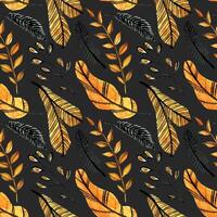 Watercolor seamless pattern with orange and black leaves on the dark black background. Christmas tree branch pattern. Perfect for greeting cards, invitation, wrapping paper, textile vector