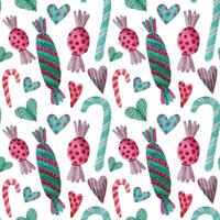 Pattern with watercolor New Year sweets. Watercolor seamless pattern with Christmas candy cane. Hand drawn background. vector