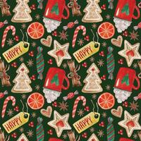 Seamless pattern background Christmas , new year, red sweet spice biscuits cocoa candys on black background vector