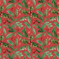 Seamless pattern CHRISTMAS NEW YEAR FIR holly red berries wrapping PACKAGING paper ON RED BACKGROUND vector