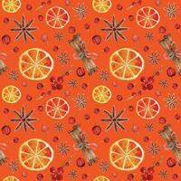 Seamless pattern CHRISTMAS NEW YEAR orange cinnamon anise cranberries wrapping PACKAGING paper ON orange BACKGROUND vector