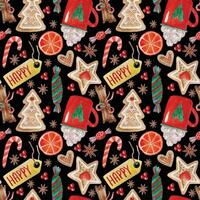 Seamless pattern background Christmas , new year, red sweet spice biscuits cocoa candys on black background vector