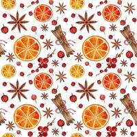 Seamless pattern CHRISTMAS NEW YEAR orange cinnamon anise cranberries wrapping PACKAGING paper ON wight BACKGROUND vector