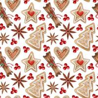 Watercolor seamless pattern with Christmas elements, gingerbread cookies and spices. Hand painted gingerbread cookies, sweets, red berries, anise and cinnamon sticks. Hand drawn winter holiday objects vector