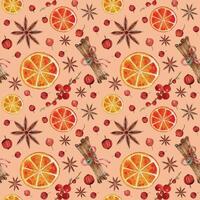 Seamless pattern CHRISTMAS NEW YEAR orange cinnamon anise cranberries wrapping PACKAGING paper ON beige BACKGROUND vector